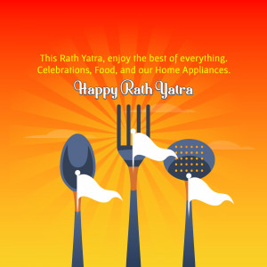 Rath Yatra celebration with kitchen utensils and flags