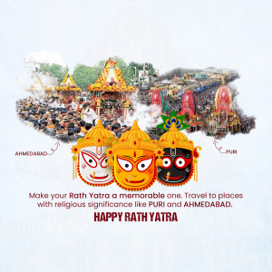 Rath Yatra festival image with depictions of Lord Jagannath and landmarks of Puri and Ahmedabad.