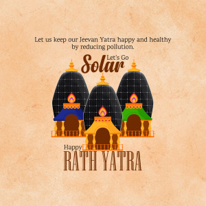 Illustration of solar panels shaped like Rath Yatra chariots with text promoting clean energy.