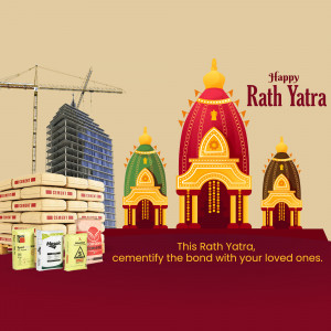 Illustration of Rath Yatra temple with cement sacks and construction in the background.