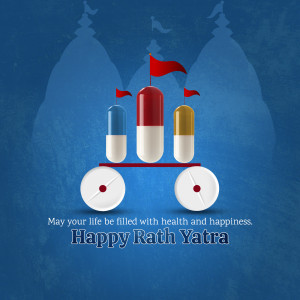 Rath Yatra illustration with medicine capsules and tablets