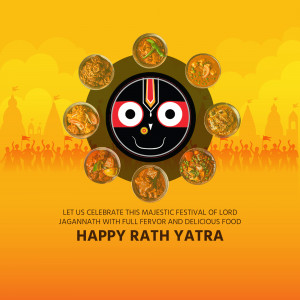 Rath Yatra festival poster with Lord Jagannath, food offerings, and temple silhouettes.