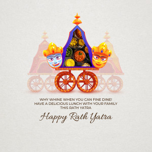 Illustration of a Rath Yatra chariot filled with delicious food and adorned with faces of deities.