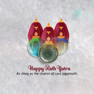 Illustration of three chariots with a decorative plate and text 'Happy Rath Yatra'