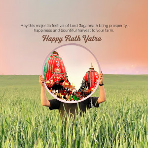 Rath Yatra festival image with a person holding a circular frame showcasing the chariot