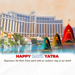 Rath Yatra celebration with a Las Vegas hotel backdrop