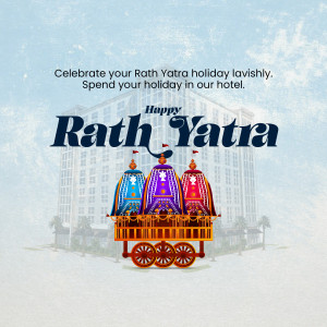 Rath Yatra festival celebration with decorated chariots and hotel backdrop