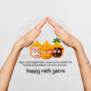Hands forming a protective shape over images of Lord Jagannath with a Rath Yatra greeting.