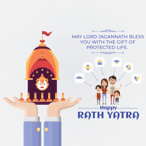 Illustration of a Rath Yatra chariot with hands holding it and symbols of life's blessings.