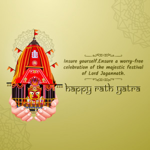 Illustration of a Rath Yatra chariot held in hands with festive decorations.