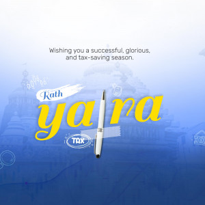 Rath Yatra themed image with a pen and tax message