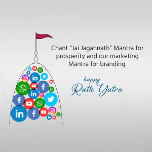 Rath Yatra celebration with social media icons and branding message.