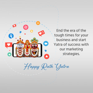 Rath Yatra celebration with a smartphone displaying deities and social media icons, promoting marketing strategies.