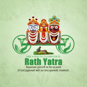 Rath Yatra festival illustration with Lord Jagannath deities and ayurvedic elements