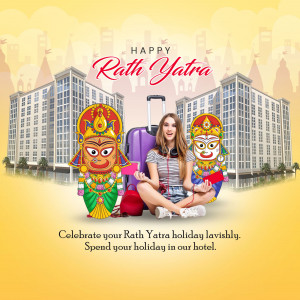 Rath Yatra travel promotion with a woman and hotel background