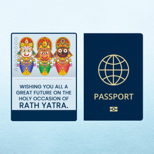 Passport with images of Lord Jagannath, Balabhadra, and Subhadra with a Rath Yatra greeting.