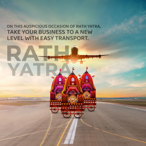 Rath Yatra festival image with an airplane and transport promotion.