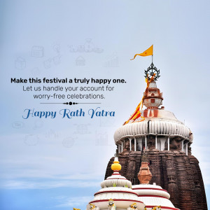 Image depicting a Rath Yatra celebration with a temple and a flag.