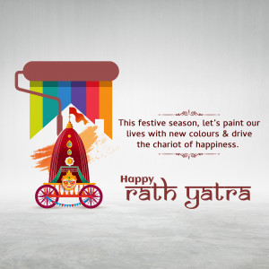Illustration of a Rath Yatra chariot with a paint roller and colorful brush strokes.