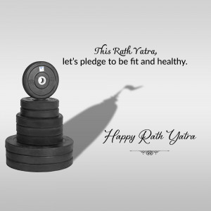 Weight plates stacked with a shadow resembling a chariot wheel, with text promoting fitness during Rath Yatra.