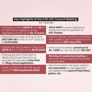 Image summarizing key decisions from the 47th GST Council Meeting regarding tax regulations and exemptions.