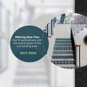 Stair tiles with a decorative pattern and a promotional graphic.