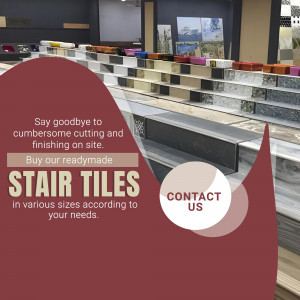 Advertisement for ready-made stair tiles, eliminating on-site cutting and finishing.