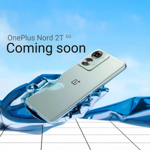 OnePlus Nord 2T 5G smartphone with a liquid chrome effect