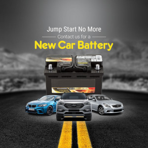 Advertisement for a new car battery with cars in the background
