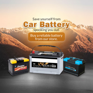 Image of car batteries with text promoting battery replacement to avoid being stranded.