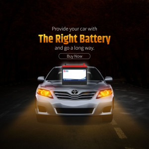 Image of a car with a highlighted battery, advertising car batteries.