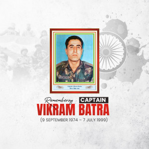 Portrait of Captain Vikram Batra with Indian flag and military background