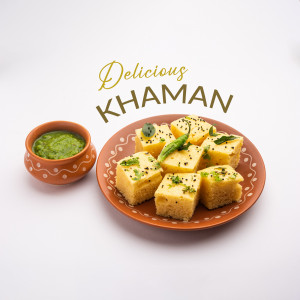 Close-up of Khaman, a Gujarati snack, served with green chutney