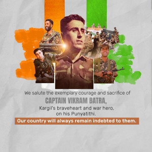 Image depicting Captain Vikram Batra and other soldiers with the Indian flag colors.