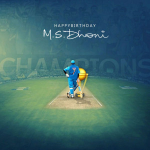 MS Dhoni birthday celebration image with cricket stadium background