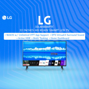 LG 32 inch HD Ready Smart LED TV with blue gradient background