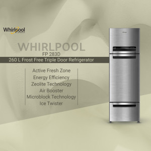 Silver Whirlpool refrigerator with triple doors and product features listed.