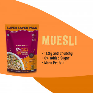 Close-up of a Super Muesli saver pack with 0% added sugar.