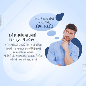 Man thinking with thought bubbles containing text about financial solutions in Gujarati.