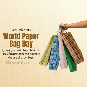 Hand holding colorful paper bags with text celebrating World Paper Bag Day