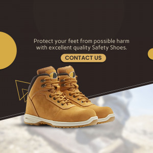 Close-up of brown safety shoes on a textured surface with promotional text.