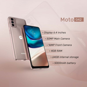 Moto G42 smartphone in rose gold color with key specifications displayed