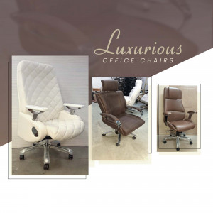 A collage of three luxurious office chairs in white, brown, and black.
