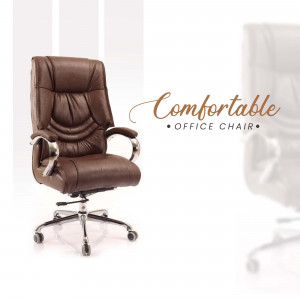 Brown leather office chair with chrome accents