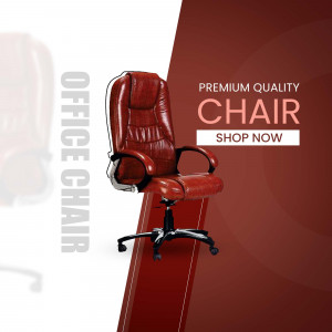 Red leather office chair with chrome accents, promoting a sale.