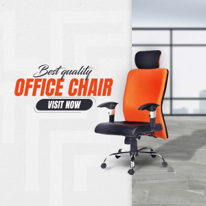 Orange and black office chair with headrest in a modern office setting