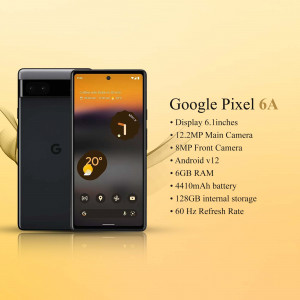 Google Pixel 6a smartphone with specifications displayed