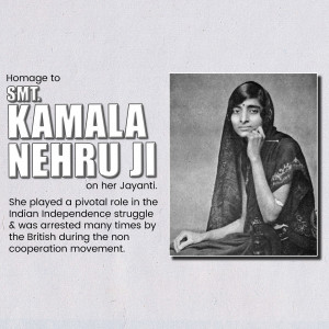 Black and white portrait of Kamala Nehru Ji with text commemorating her birth anniversary.