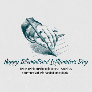 Illustration of a left hand writing with a quill pen, celebrating International Lefthanders Day.