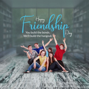 Group of friends celebrating Friendship Day with arms raised in a blurred background.